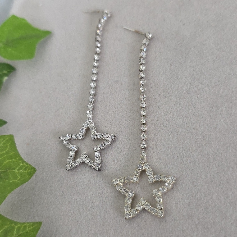 Silver With Clear Rhinestone Star Dangle Earrings
